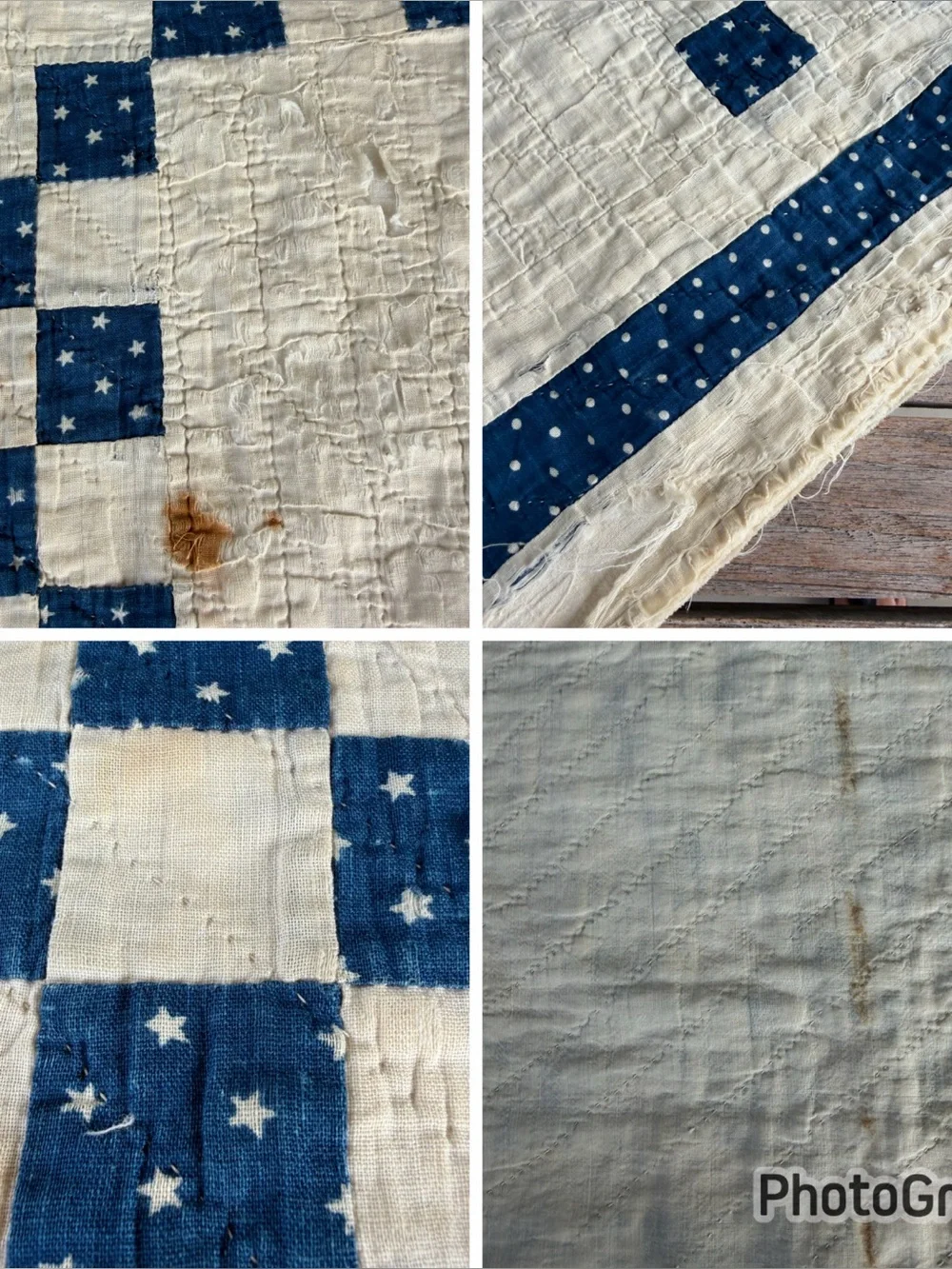VTG Irish Chain Quilt Blue White Stars Soft Gauzy Cotton 1940s Cutter 70x75